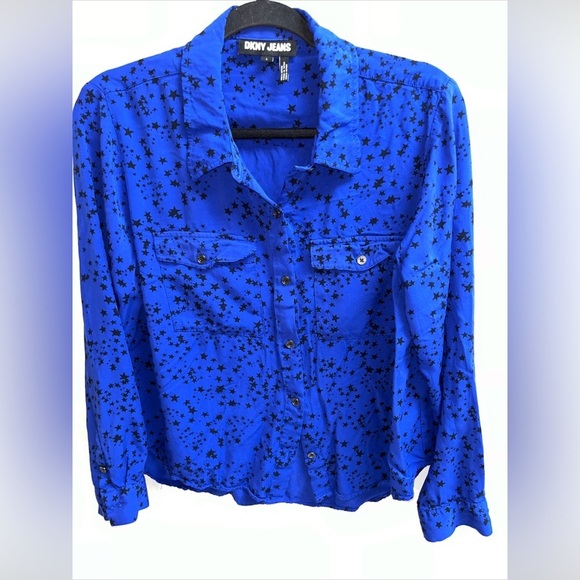 DKNYC Tops - dkny Jeans women's Size L blue with black stars long sleeve button-down Shirt